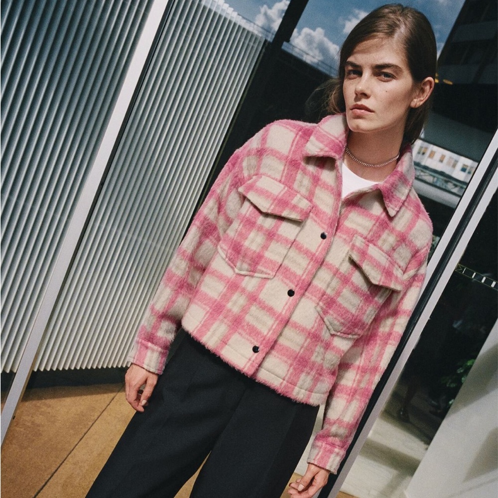 Zara cropped plaid over shirt pink white and tan size medium